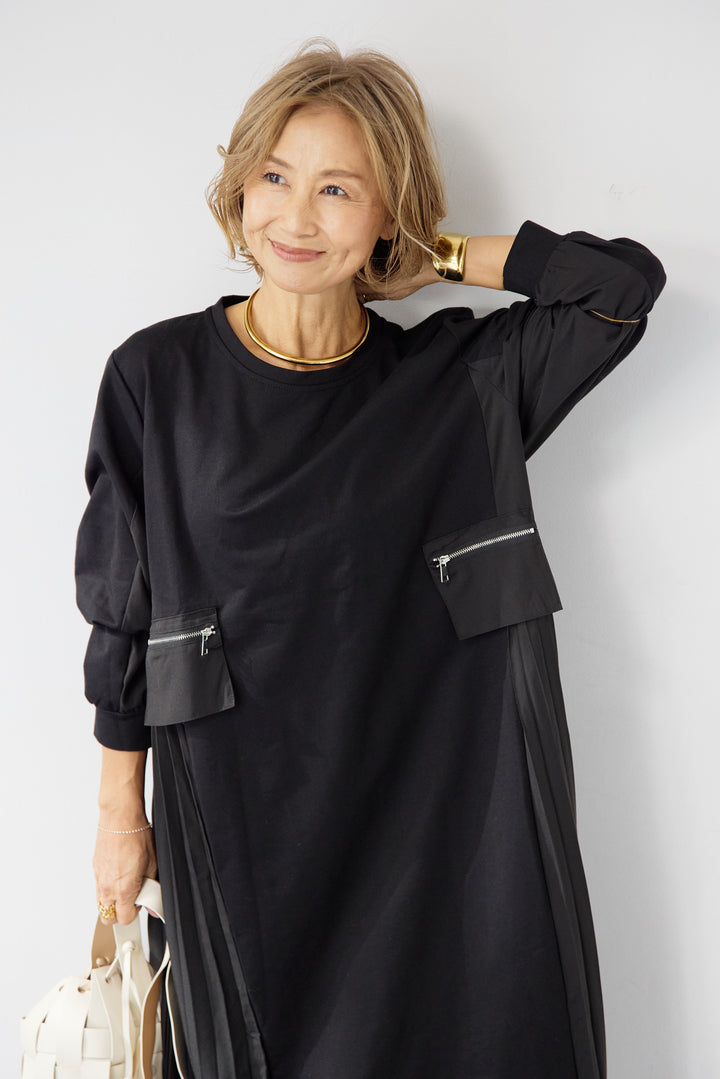 ジップポケット異素材ドッキングワンピース