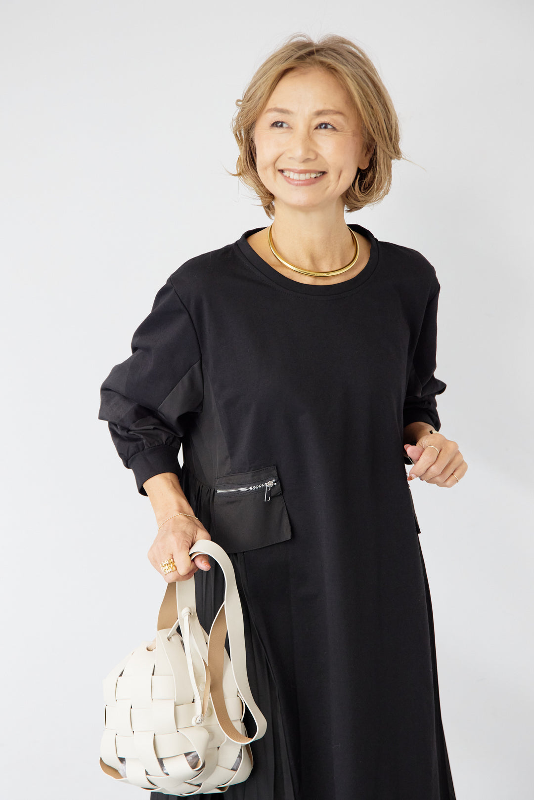 ジップポケット異素材ドッキングワンピース