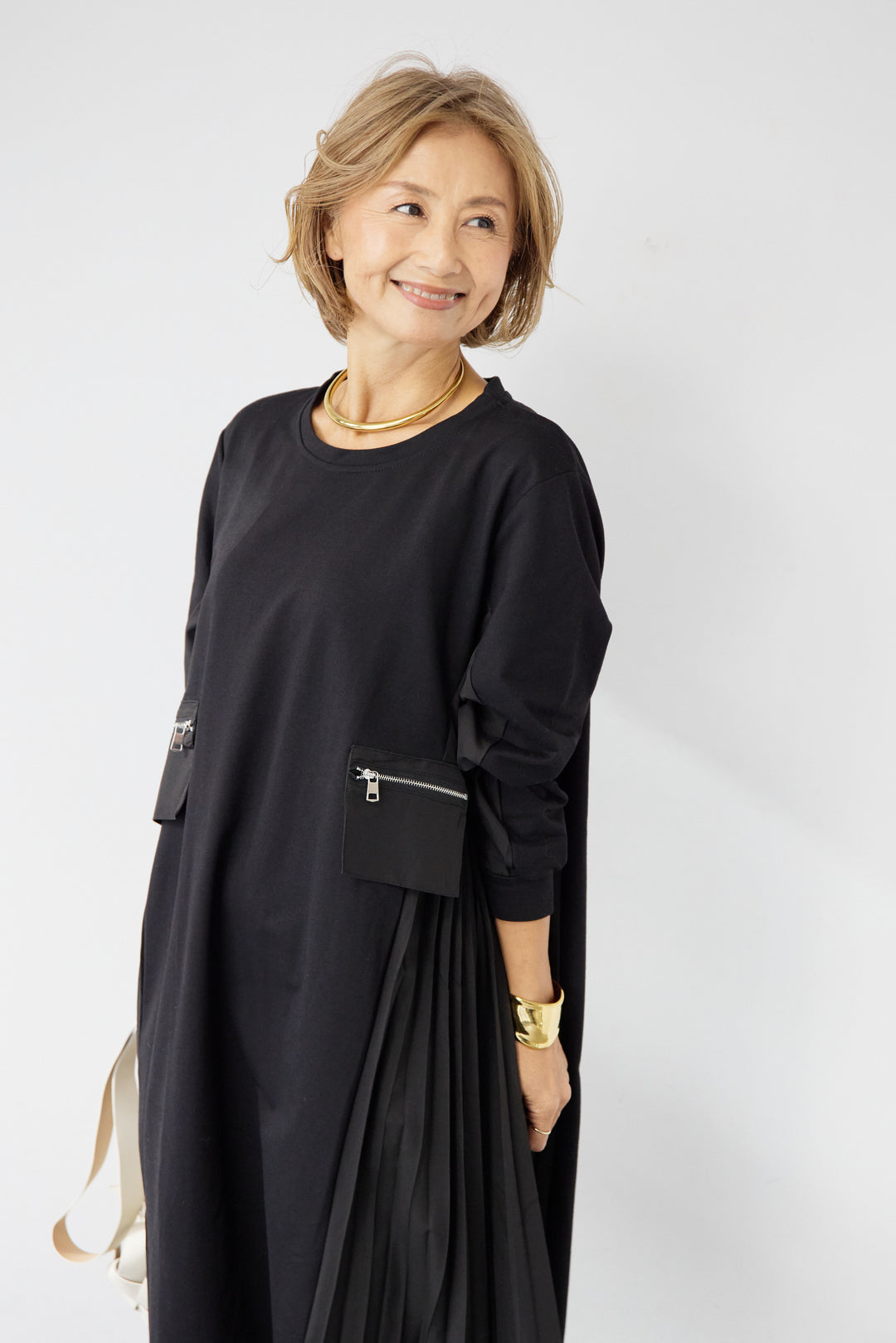 ジップポケット異素材ドッキングワンピース