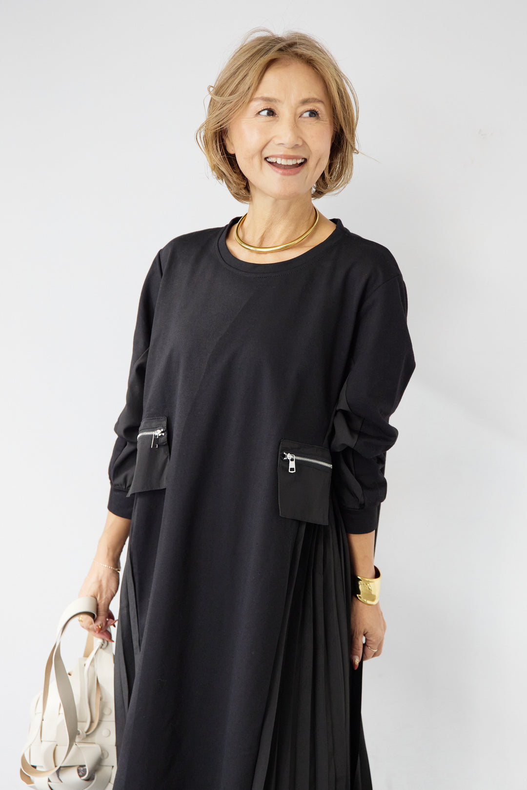 ジップポケット異素材ドッキングワンピース