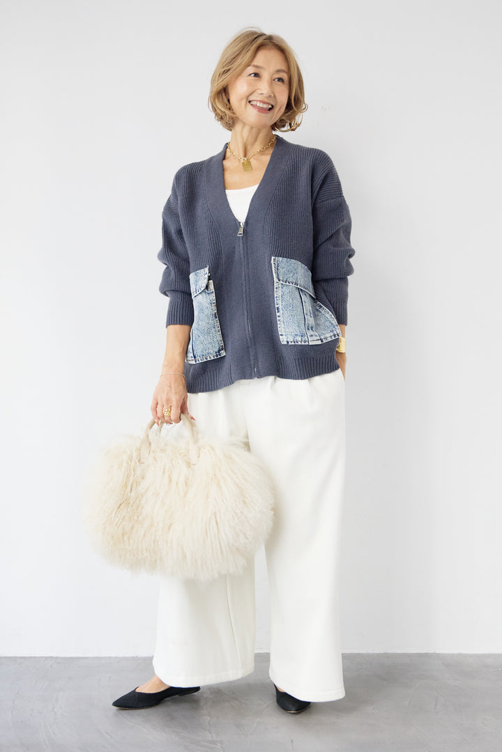 [SET]デニムポケットジップカーディガン+ダブルタック ワイドパンツ(2set)