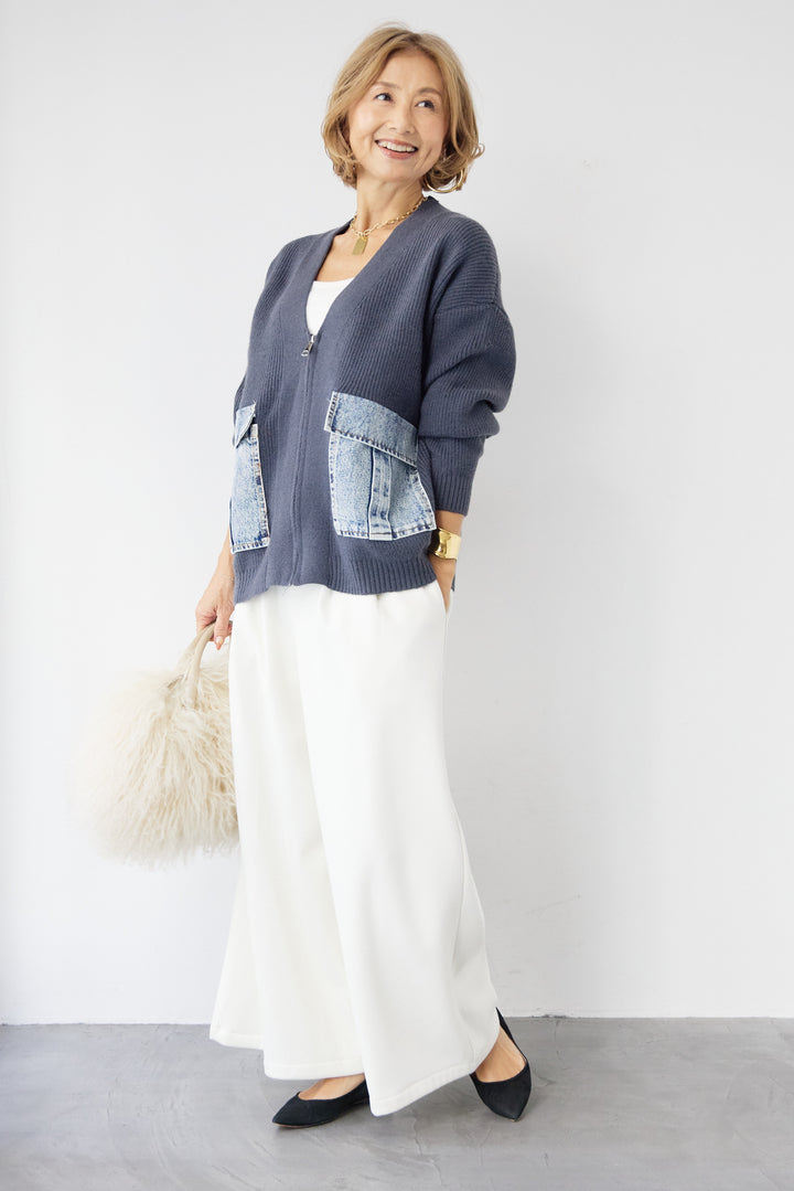 [SET]デニムポケットジップカーディガン+ダブルタック ワイドパンツ(2set)