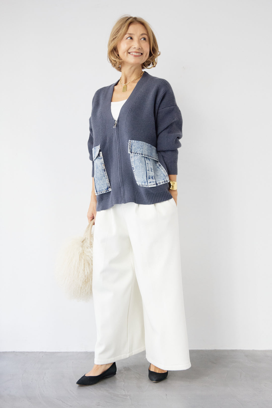 [SET]デニムポケットジップカーディガン+ダブルタック ワイドパンツ(2set)