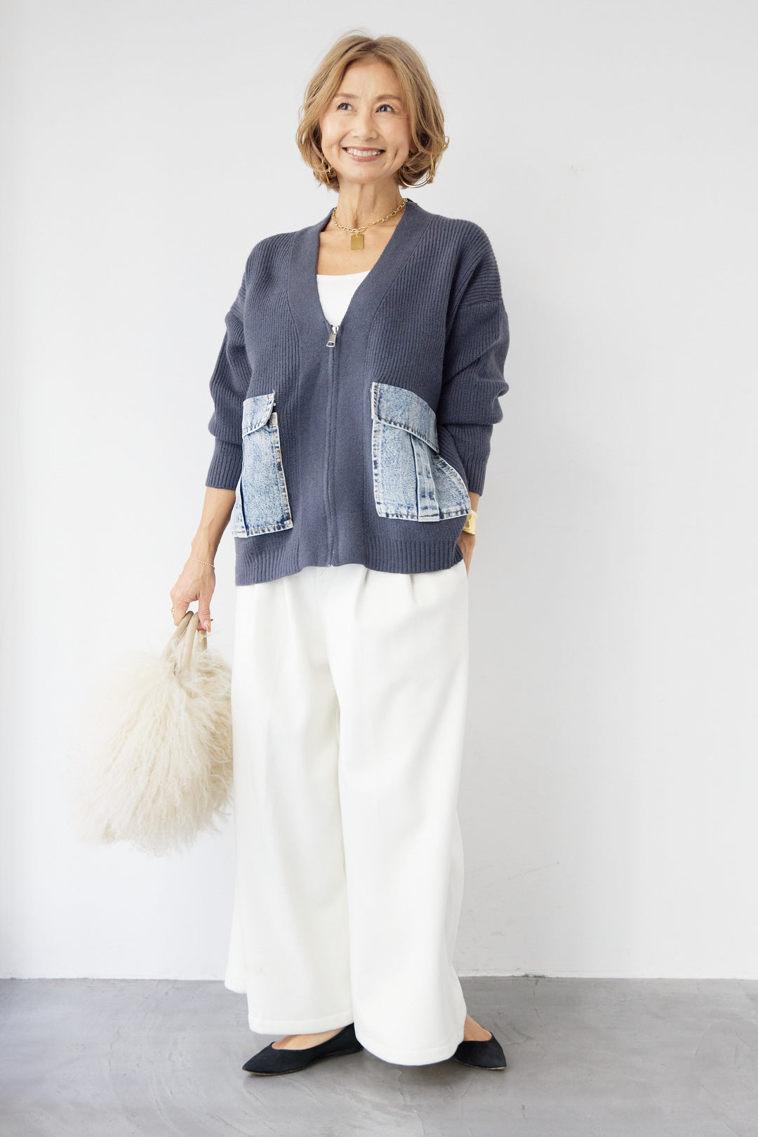 [SET]デニムポケットジップカーディガン+ダブルタック ワイドパンツ(2set)