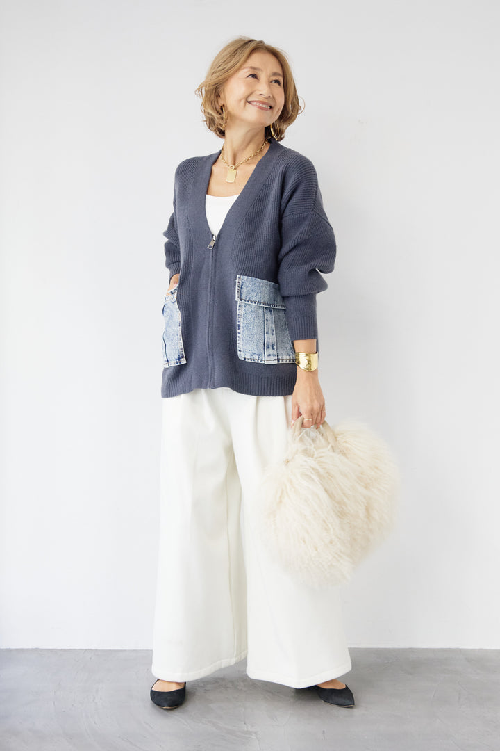 [SET]デニムポケットジップカーディガン+ダブルタック ワイドパンツ(2set)