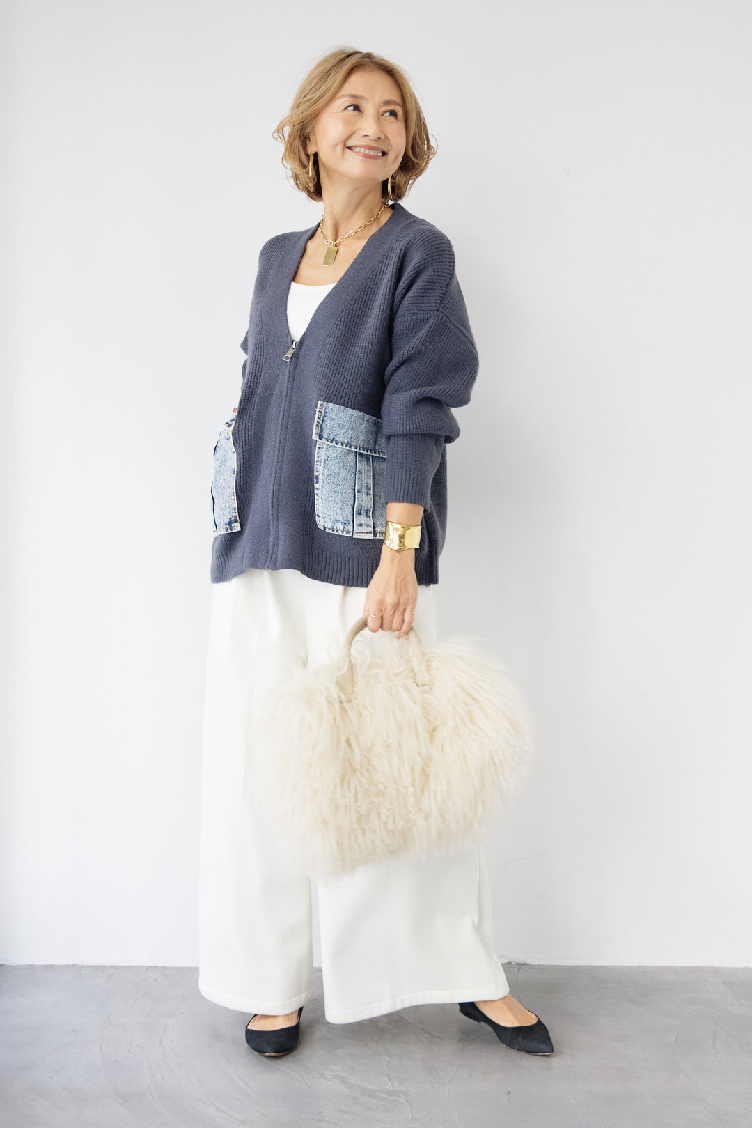 [SET]デニムポケットジップカーディガン+ダブルタック ワイドパンツ(2set)