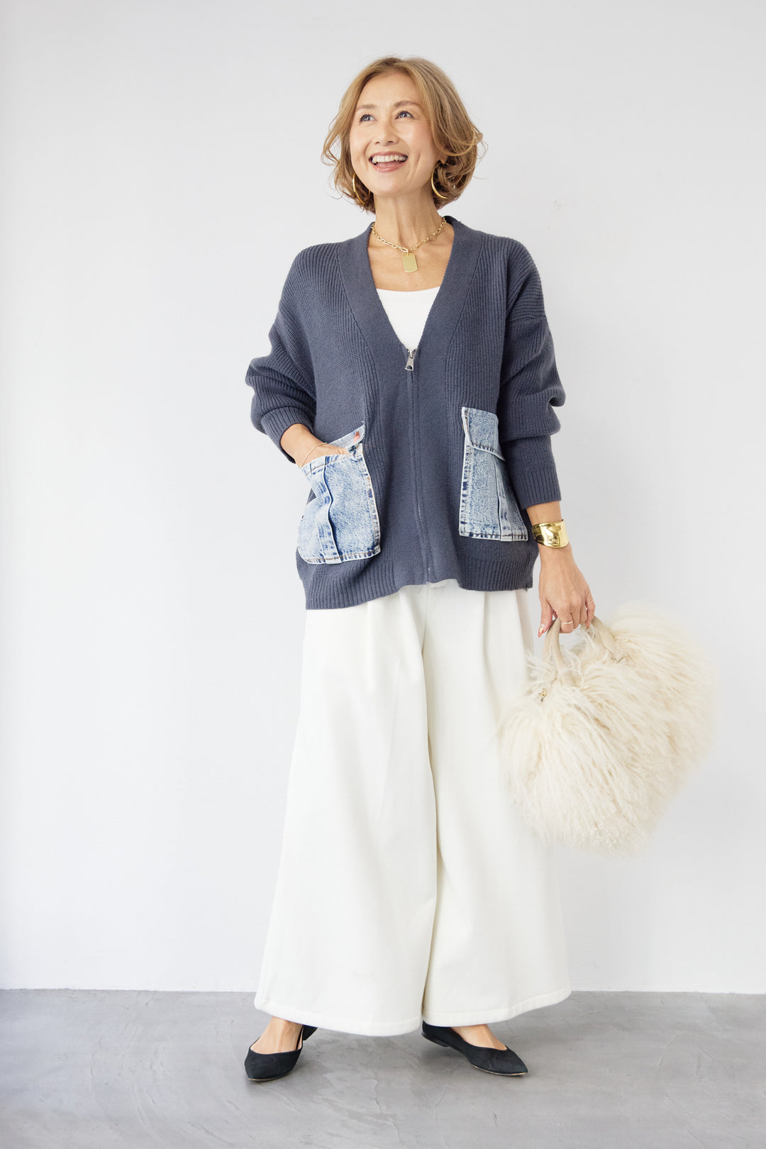 [SET]デニムポケットジップカーディガン+ダブルタック ワイドパンツ(2set)