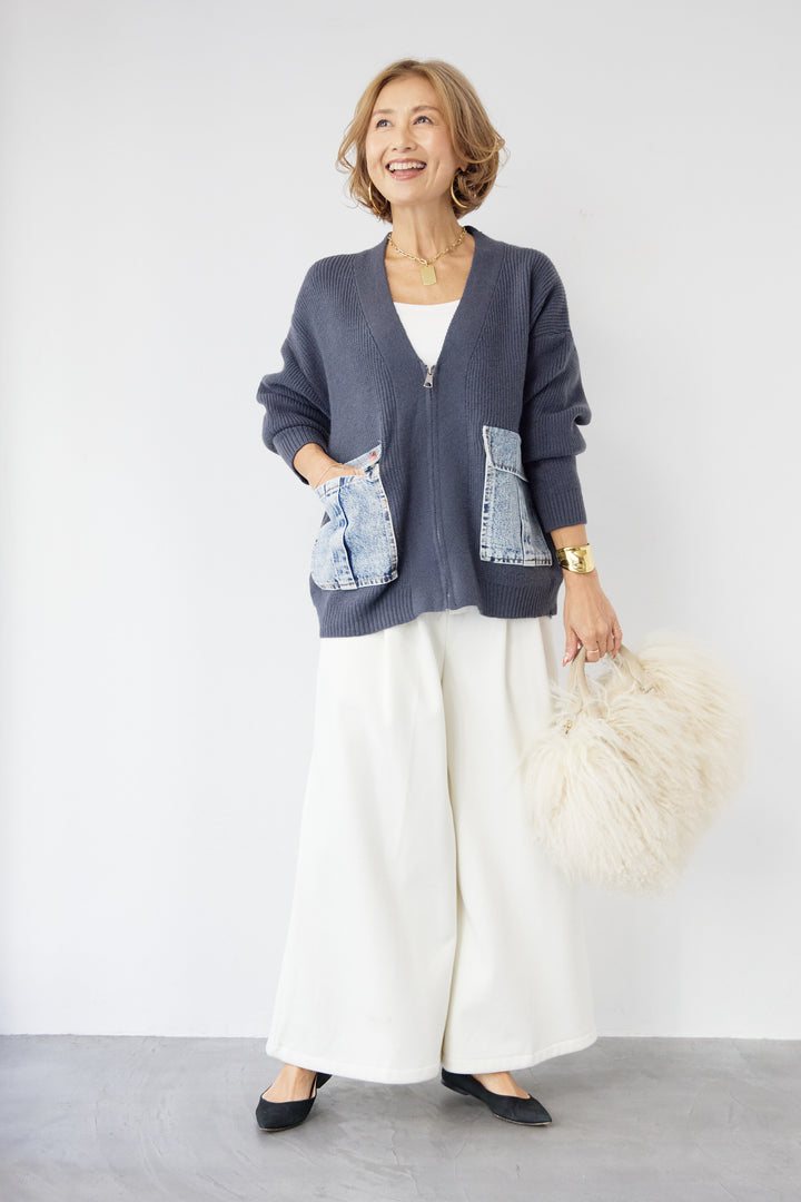 [SET]デニムポケットジップカーディガン+ダブルタック ワイドパンツ(2set)