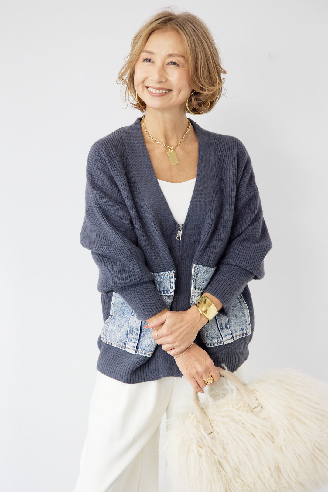 [SET]デニムポケットジップカーディガン+ダブルタック ワイドパンツ(2set)