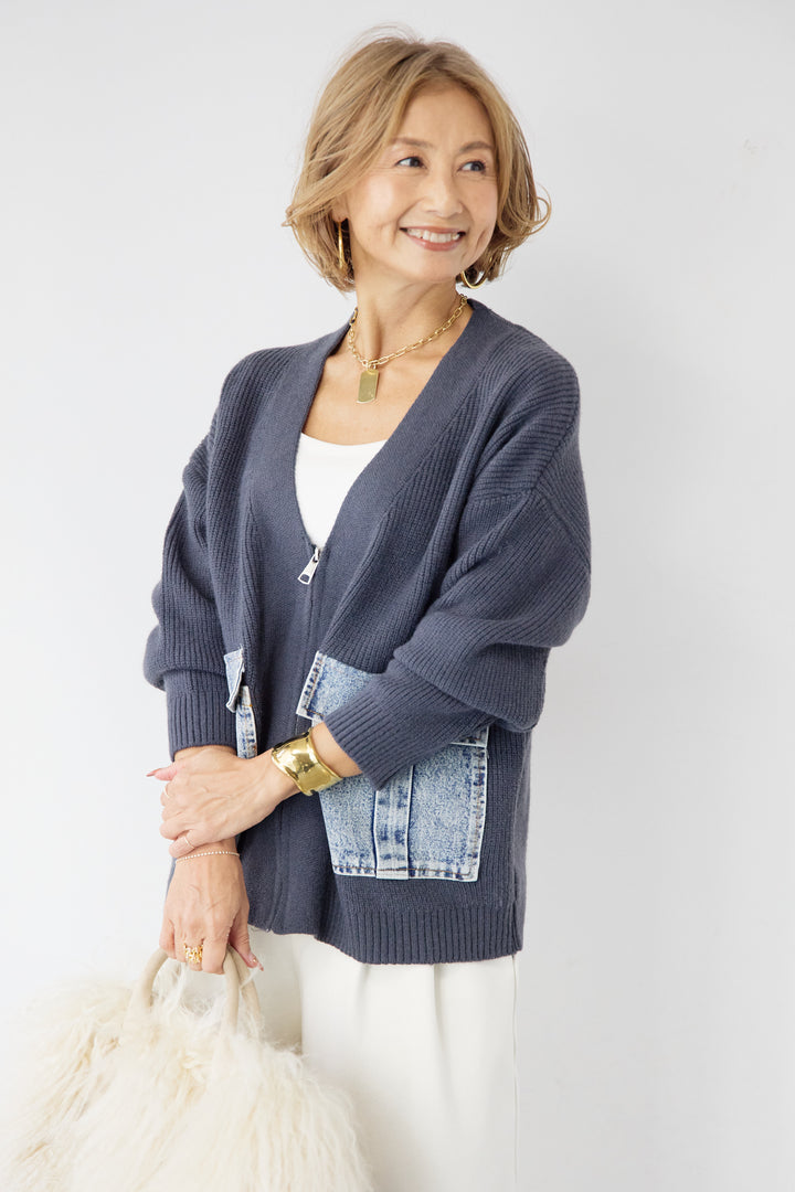 [SET]デニムポケットジップカーディガン+ダブルタック ワイドパンツ(2set)