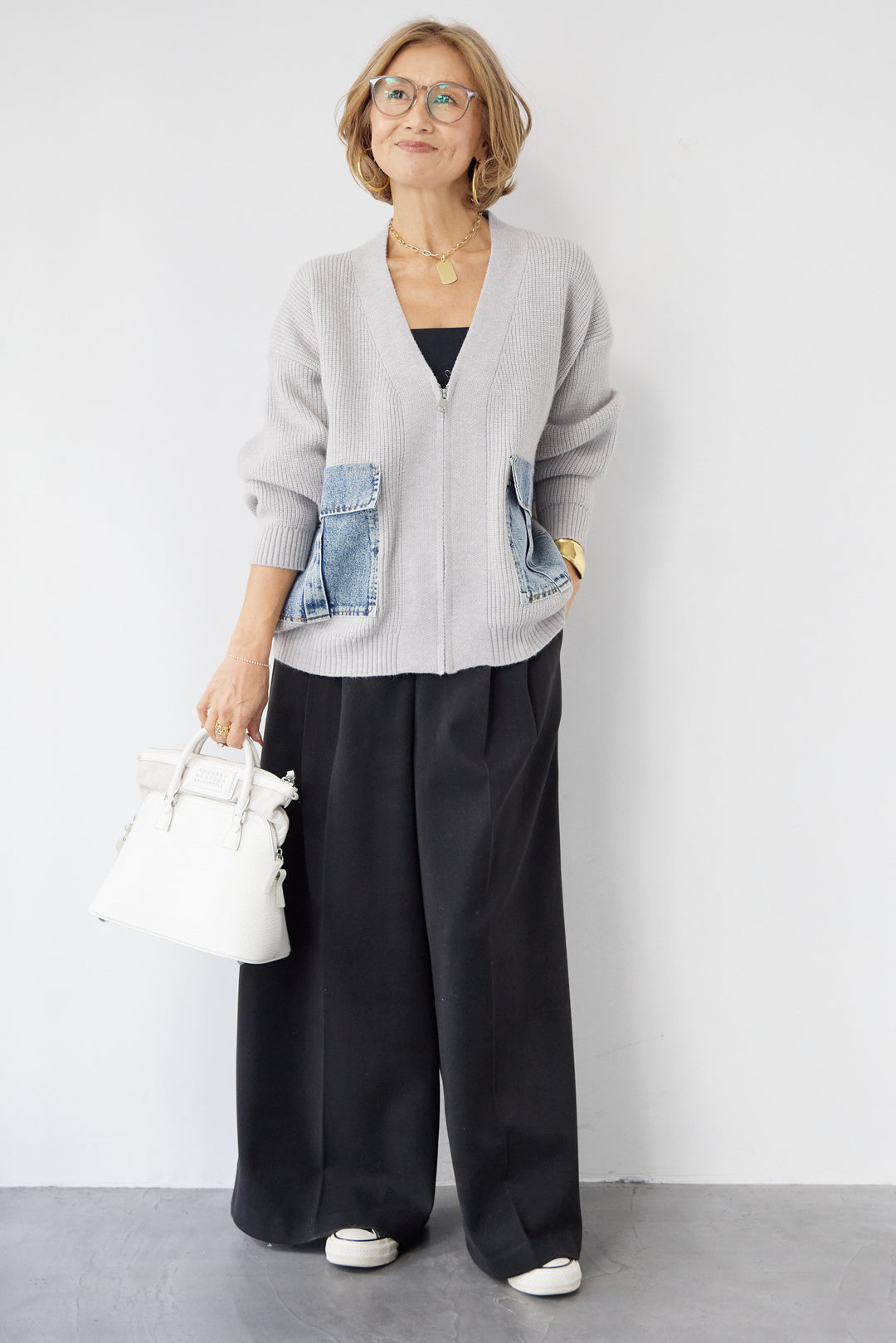 [SET]デニムポケットジップカーディガン+メルトンタックワイドパンツ(2set)