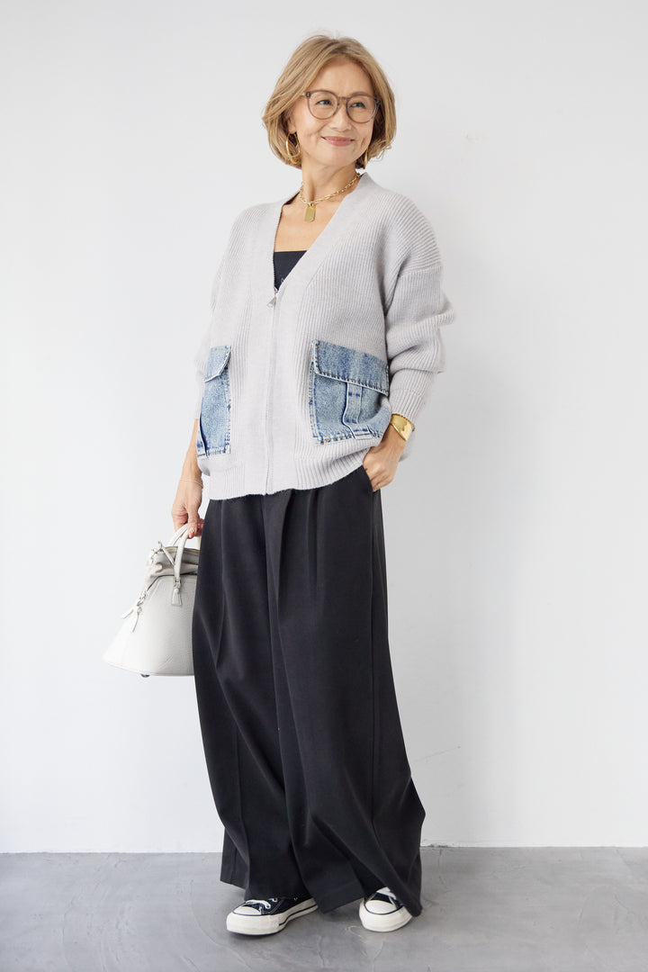 [SET]デニムポケットジップカーディガン+メルトンタックワイドパンツ(2set)