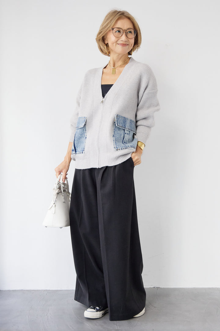 [SET]デニムポケットジップカーディガン+メルトンタックワイドパンツ(2set)