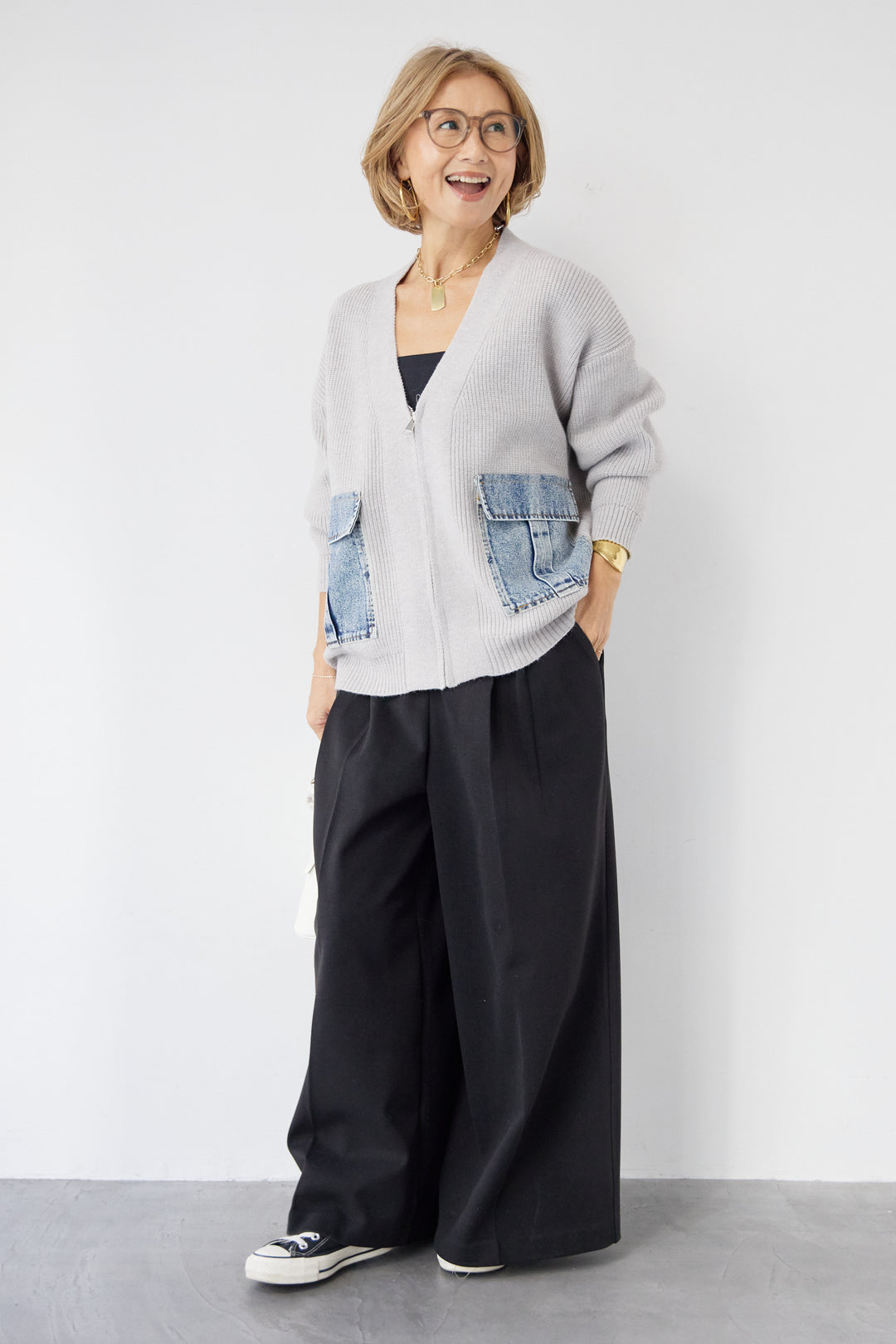 [SET]デニムポケットジップカーディガン+メルトンタックワイドパンツ(2set)