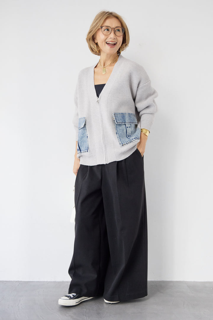 [SET]デニムポケットジップカーディガン+メルトンタックワイドパンツ(2set)