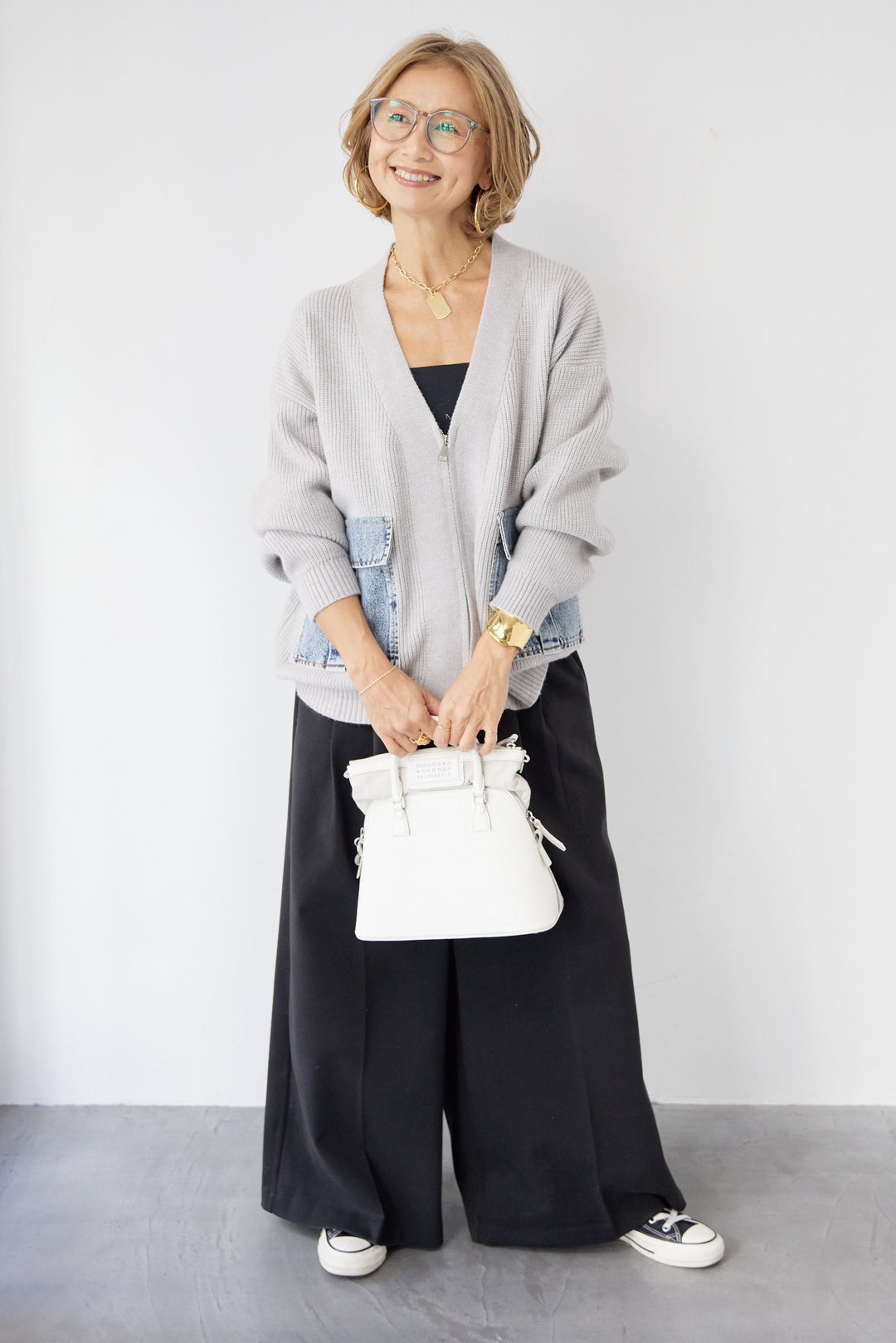 [SET]デニムポケットジップカーディガン+メルトンタックワイドパンツ(2set)