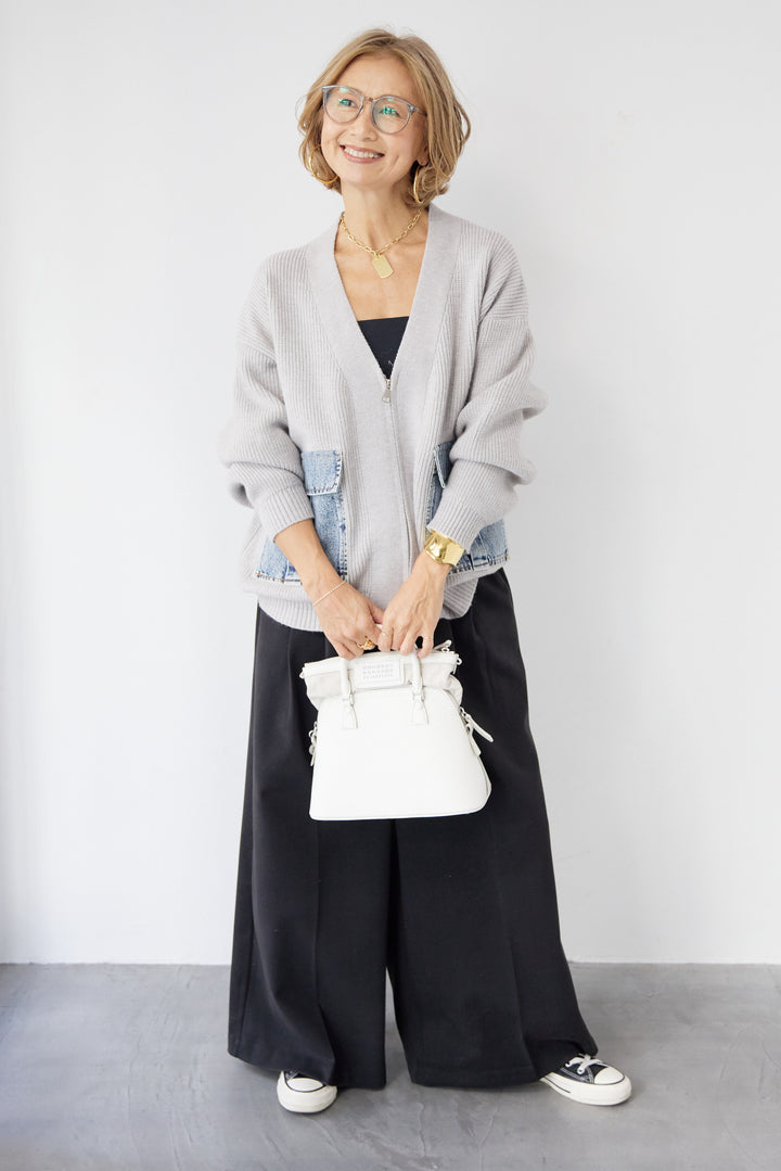 [SET]デニムポケットジップカーディガン+メルトンタックワイドパンツ(2set)