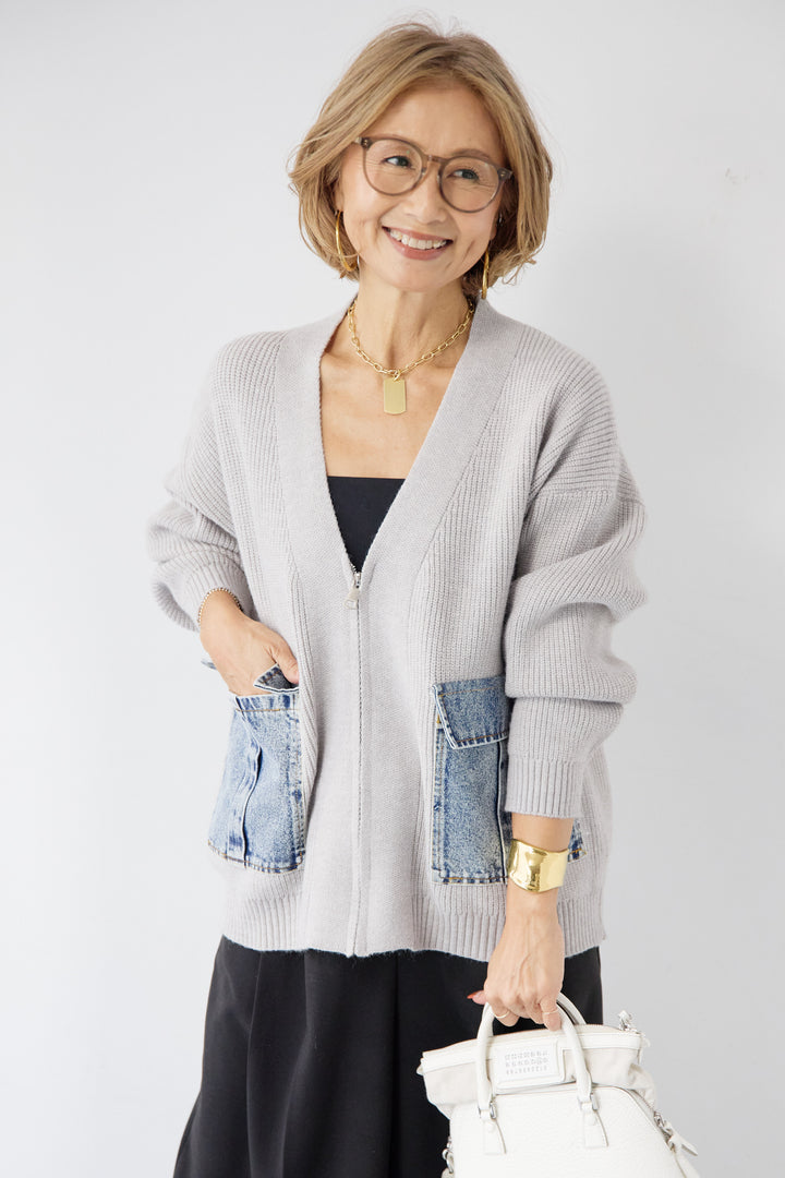 [SET]デニムポケットジップカーディガン+メルトンタックワイドパンツ(2set)