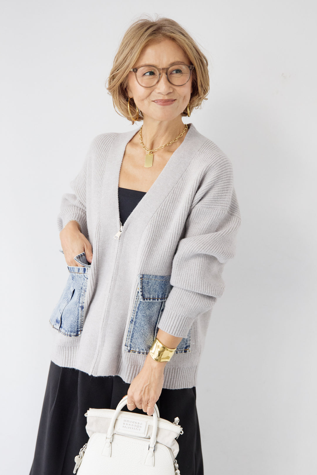 [SET]デニムポケットジップカーディガン+メルトンタックワイドパンツ(2set)