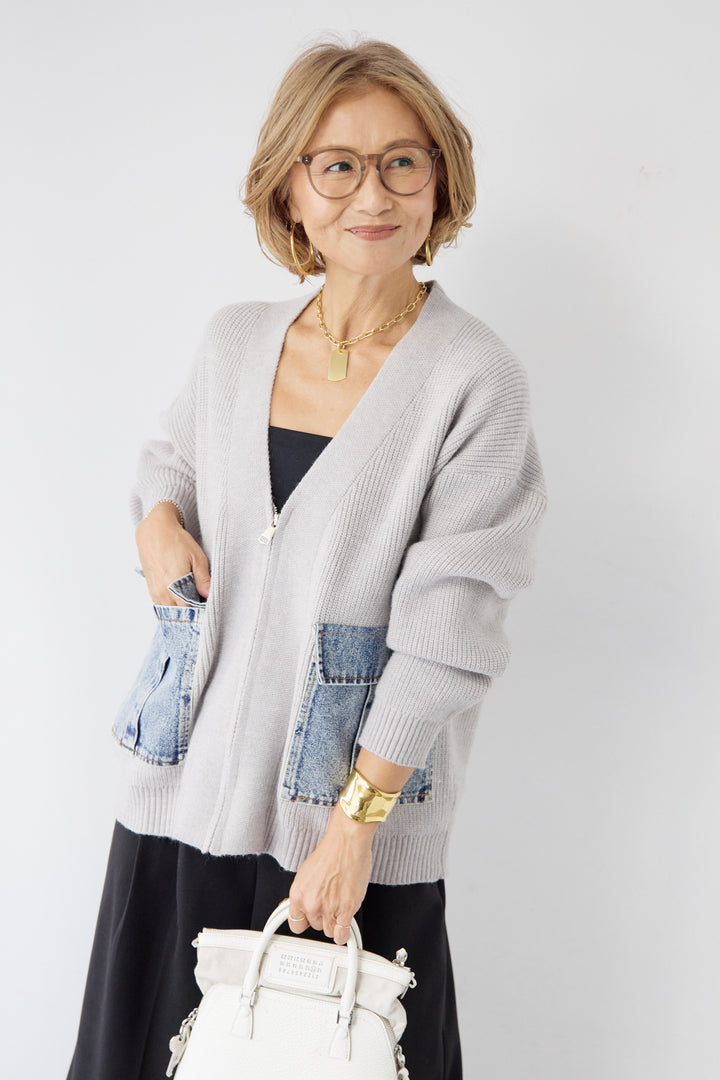 [SET]デニムポケットジップカーディガン+メルトンタックワイドパンツ(2set)