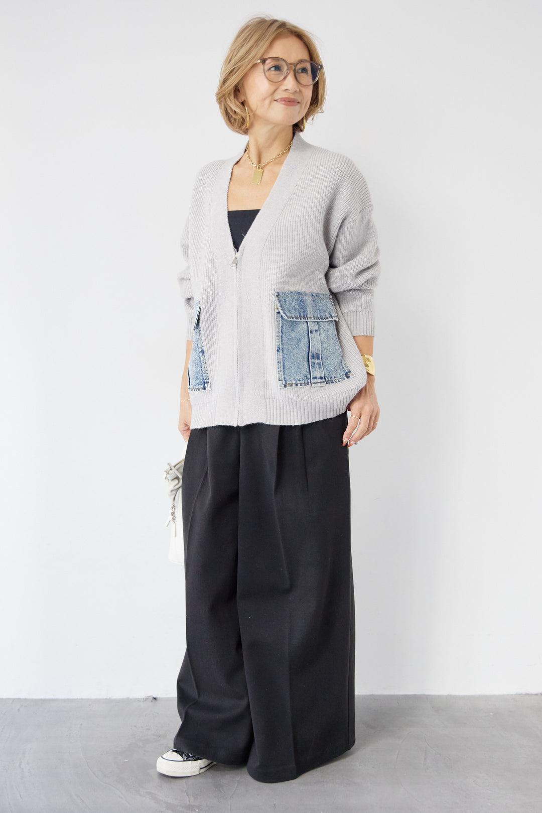 [SET]デニムポケットジップカーディガン+メルトンタックワイドパンツ(2set)