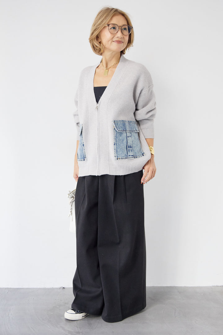 [SET]デニムポケットジップカーディガン+メルトンタックワイドパンツ(2set)