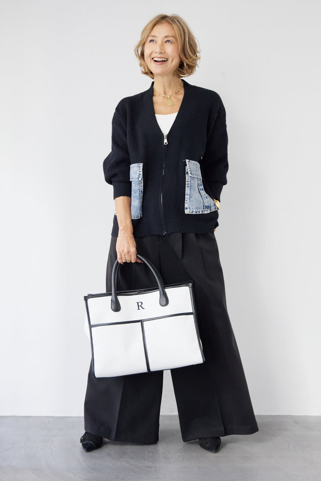 [SET]デニムポケットジップカーディガン+メルトンタックワイドパンツ(2set)