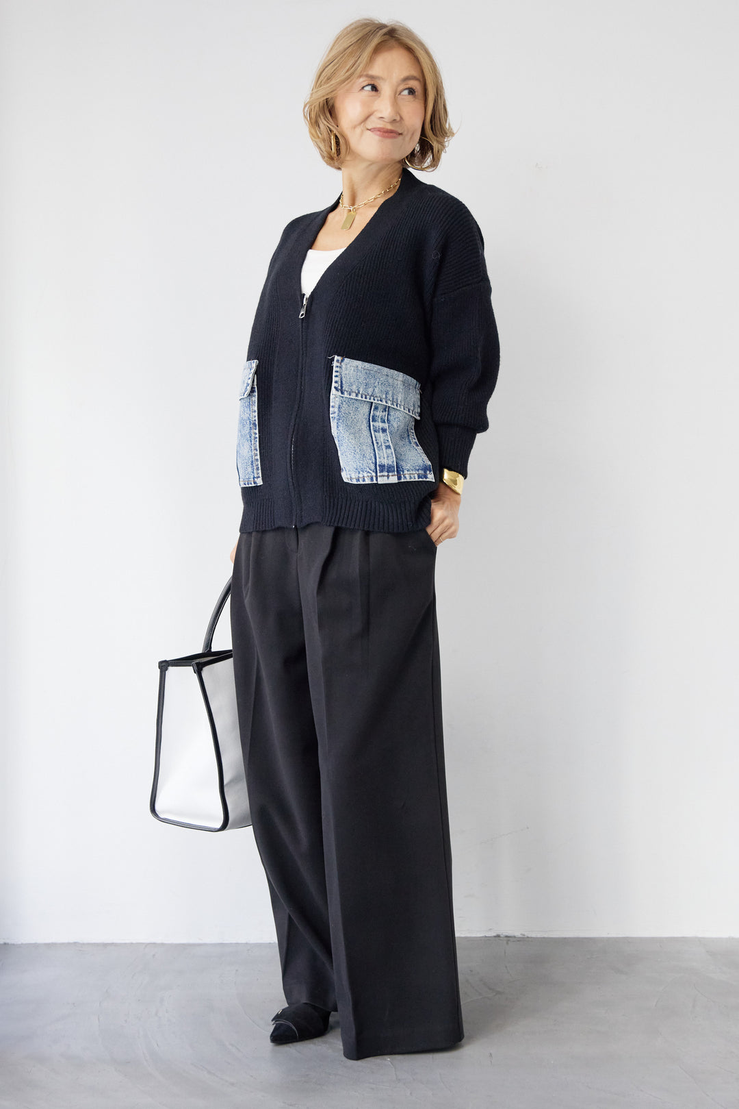 [SET]デニムポケットジップカーディガン+メルトンタックワイドパンツ(2set)