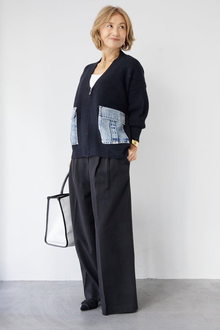 [SET]デニムポケットジップカーディガン+メルトンタックワイドパンツ(2set)