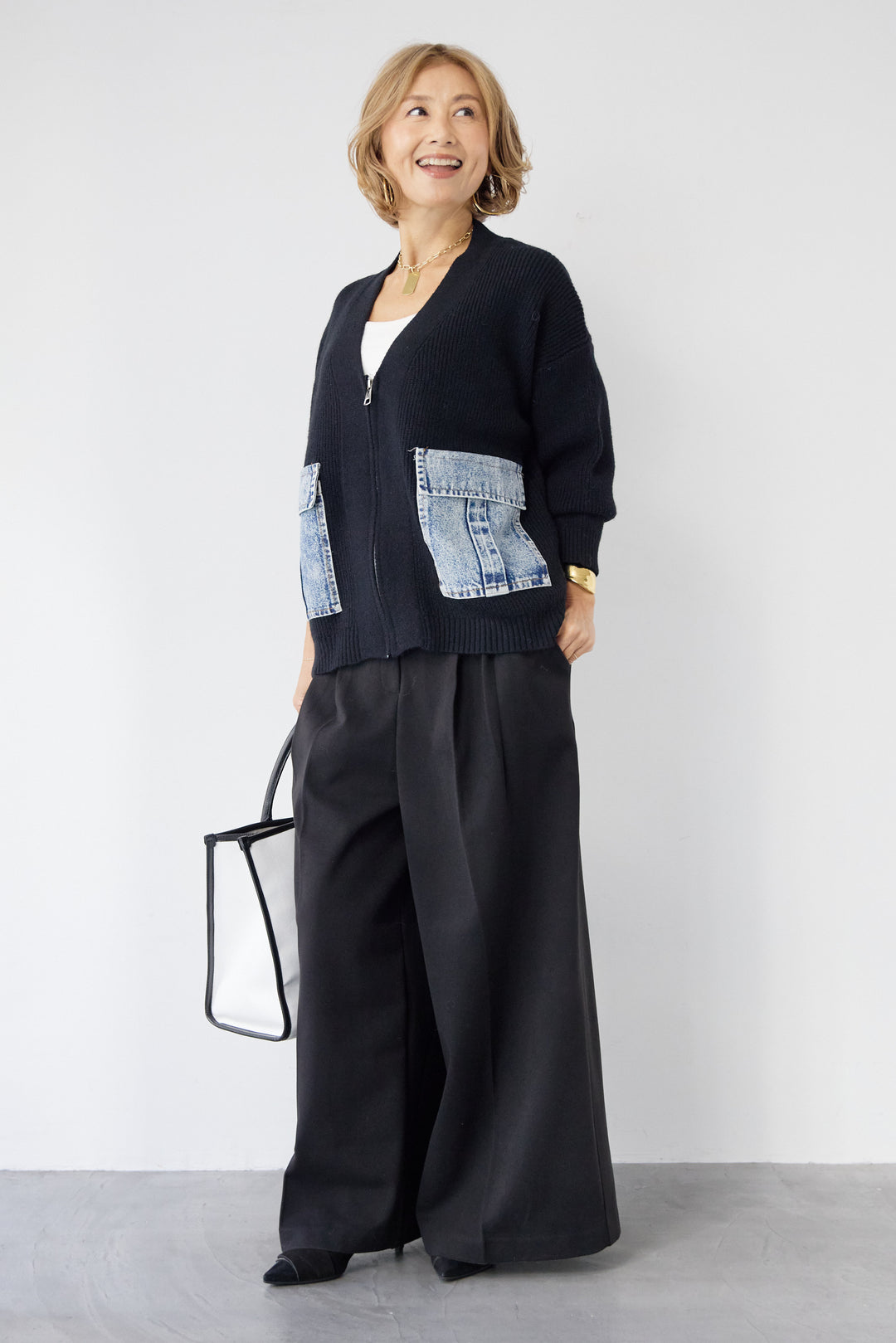 [SET]デニムポケットジップカーディガン+メルトンタックワイドパンツ(2set)