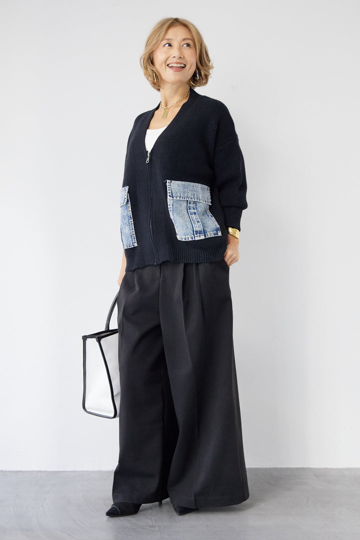 [SET]デニムポケットジップカーディガン+メルトンタックワイドパンツ(2set)
