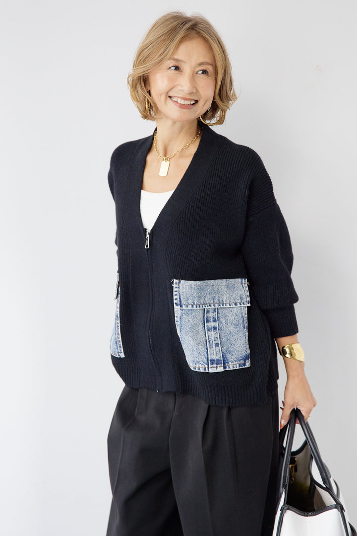 [SET]デニムポケットジップカーディガン+メルトンタックワイドパンツ(2set)