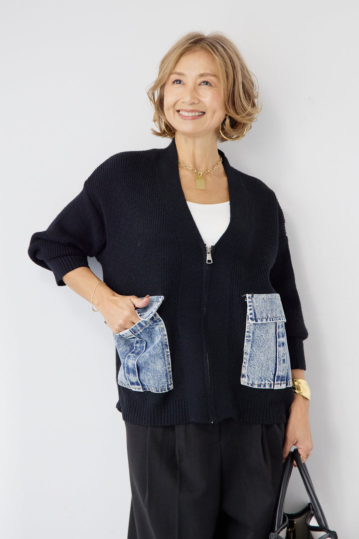 [SET]デニムポケットジップカーディガン+メルトンタックワイドパンツ(2set)