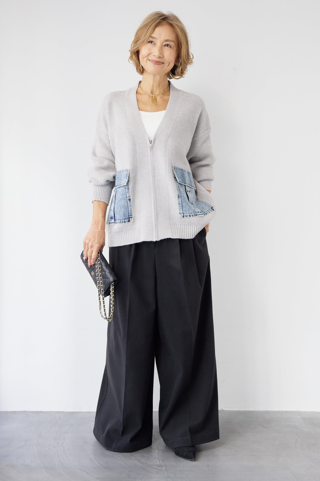 [SET]デニムポケットジップカーディガン+メルトンタックワイドパンツ(2set)