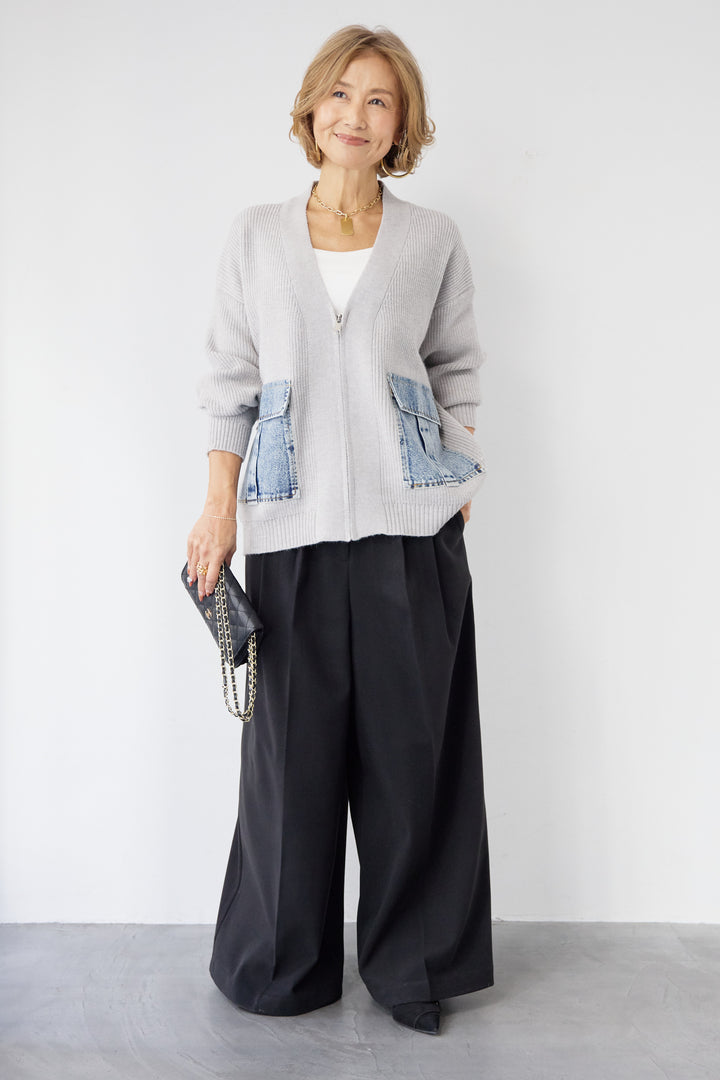 [SET]デニムポケットジップカーディガン+メルトンタックワイドパンツ(2set)