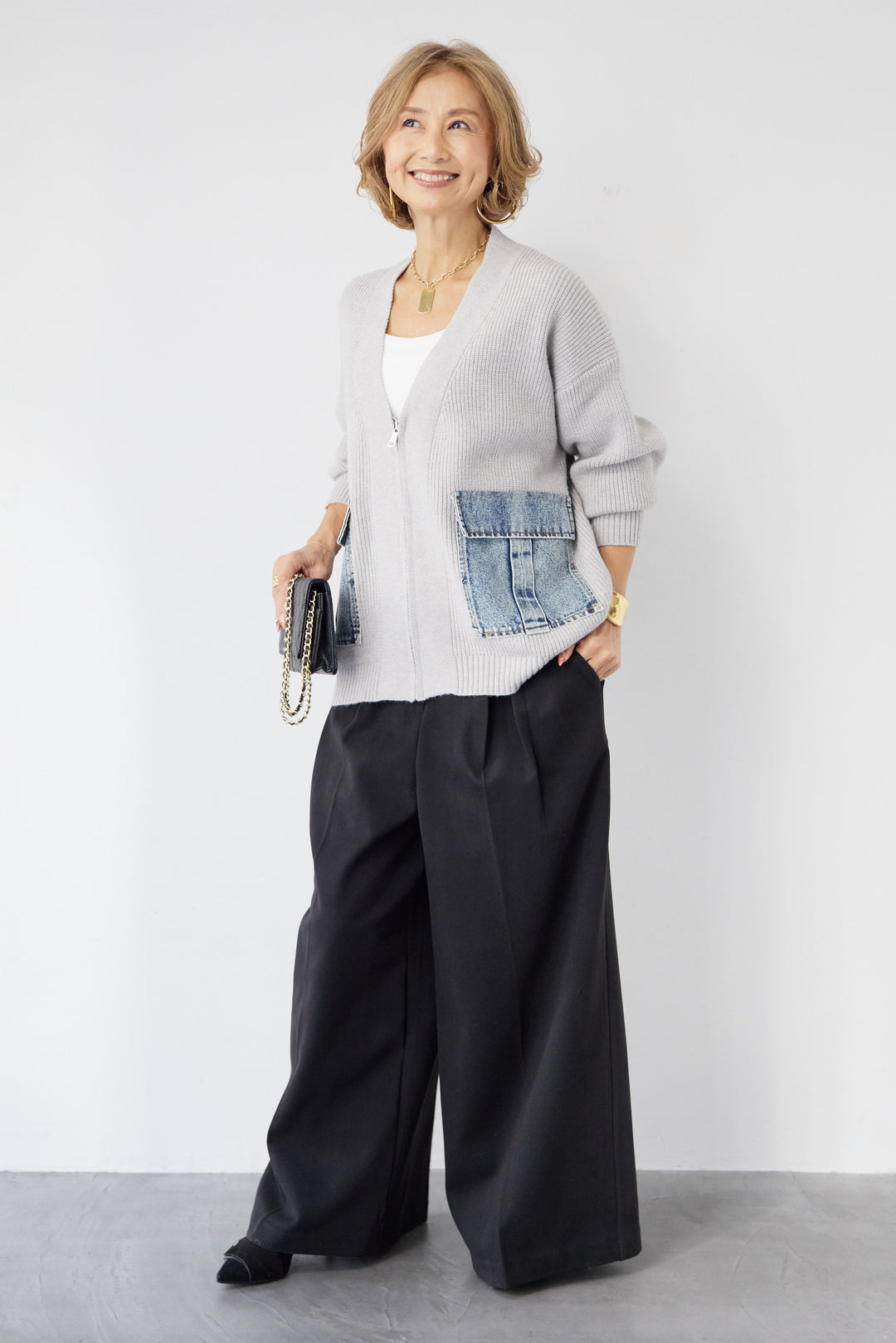 [SET]デニムポケットジップカーディガン+メルトンタックワイドパンツ(2set)