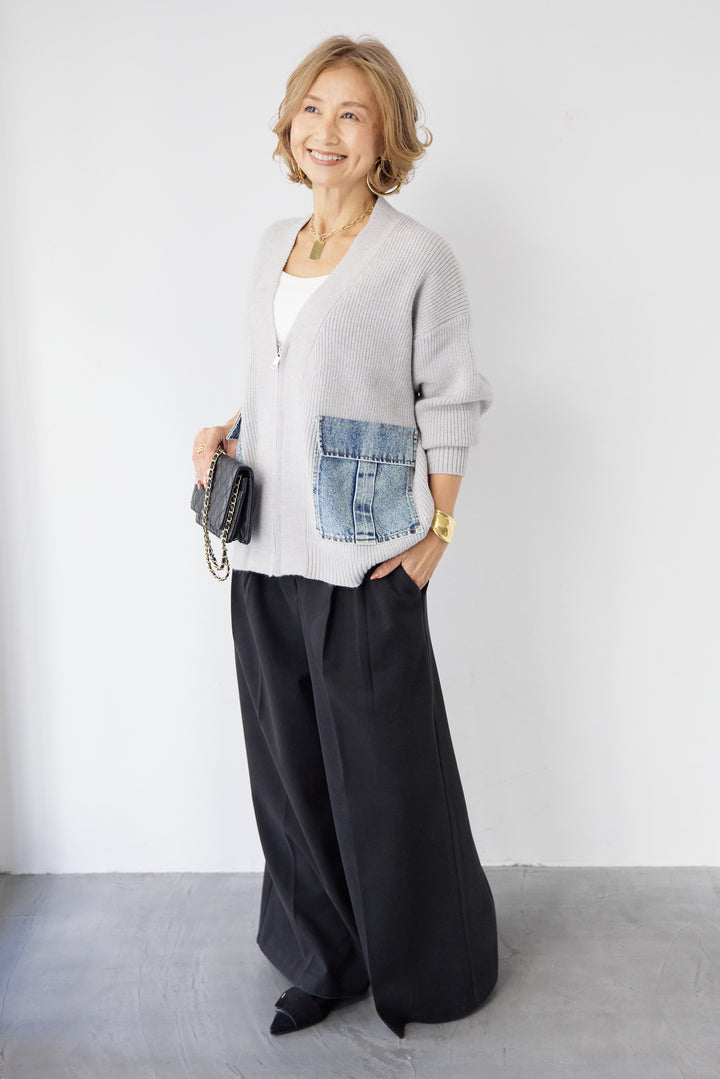 [SET]デニムポケットジップカーディガン+メルトンタックワイドパンツ(2set)