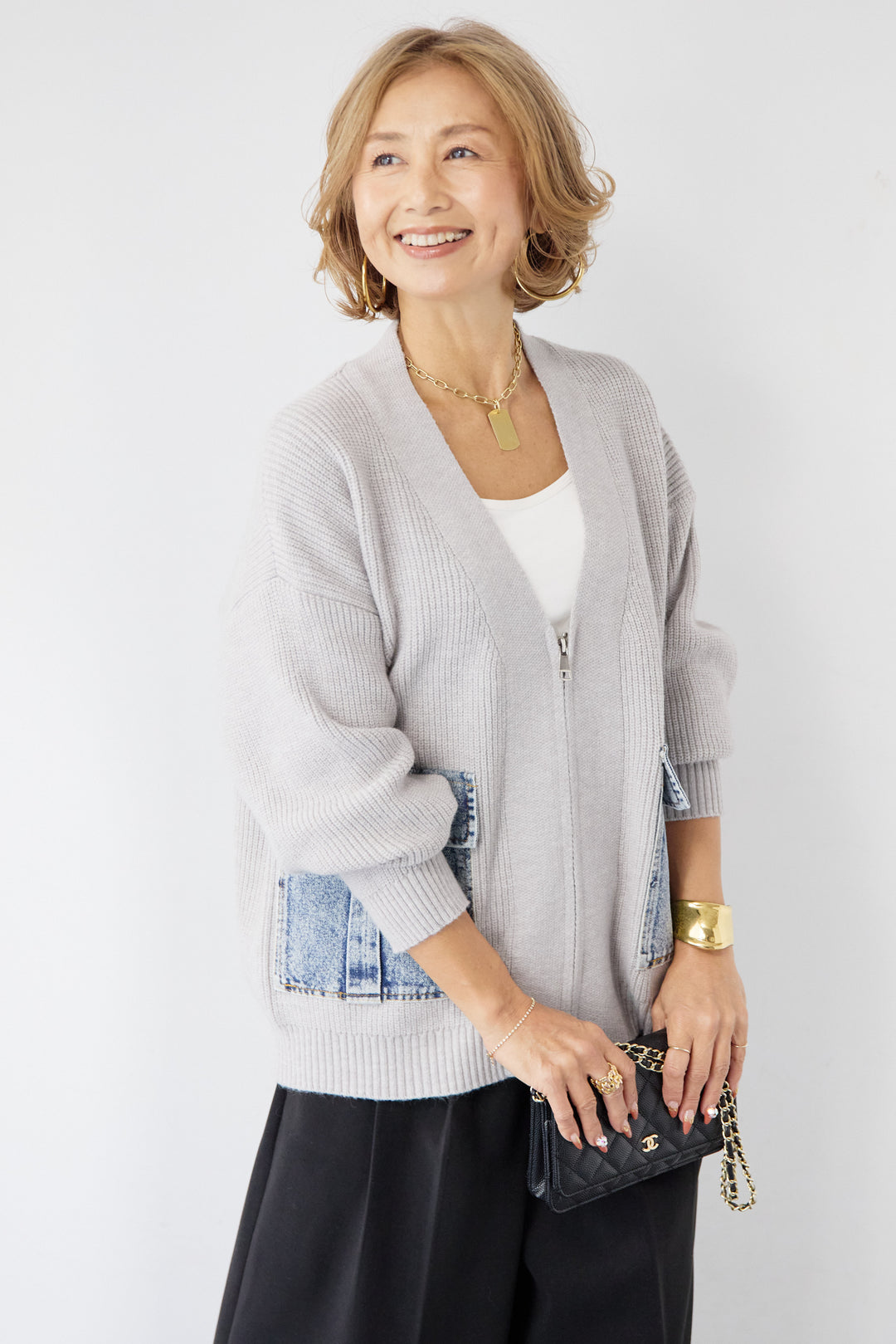 [SET]デニムポケットジップカーディガン+メルトンタックワイドパンツ(2set)