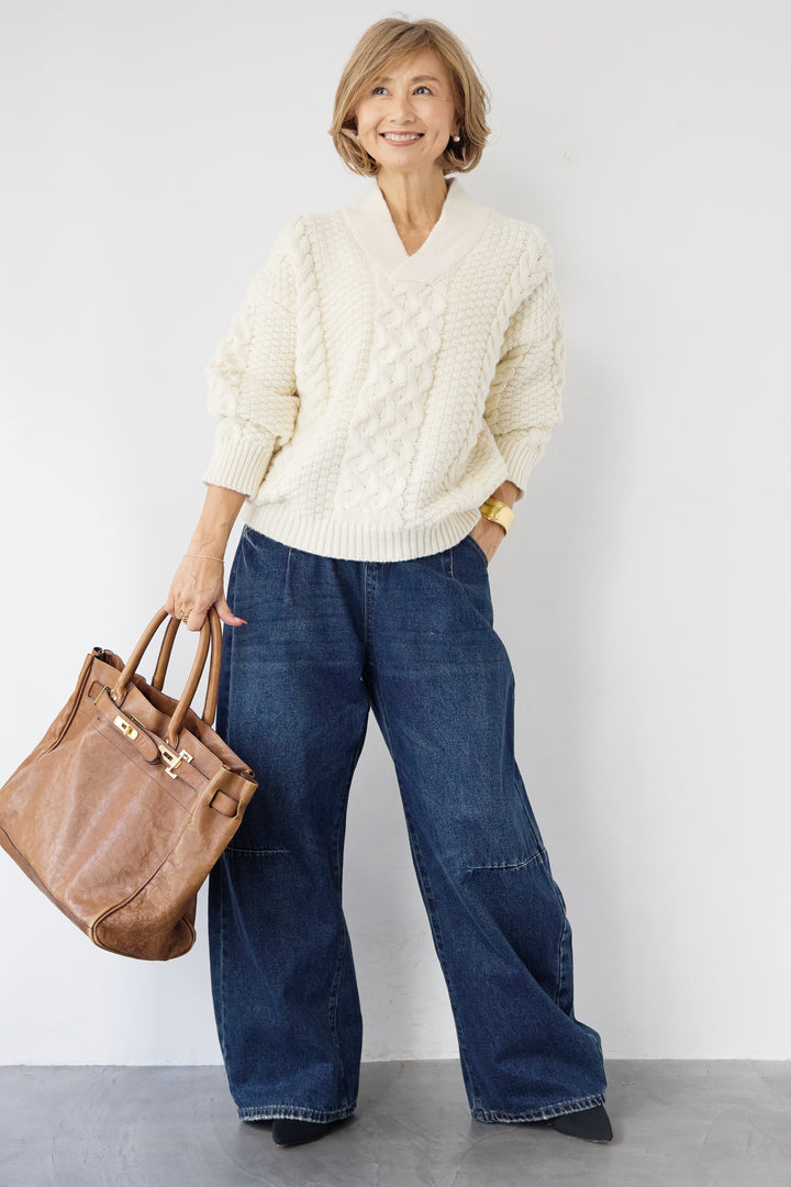 [SET]Vネックケーブルニット+カーブデニムパンツ(2set)