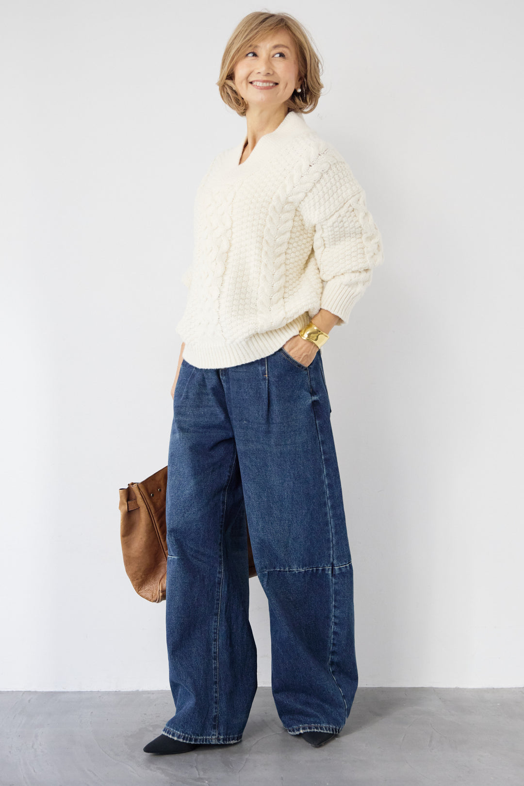 [SET]Vネックケーブルニット+カーブデニムパンツ(2set)