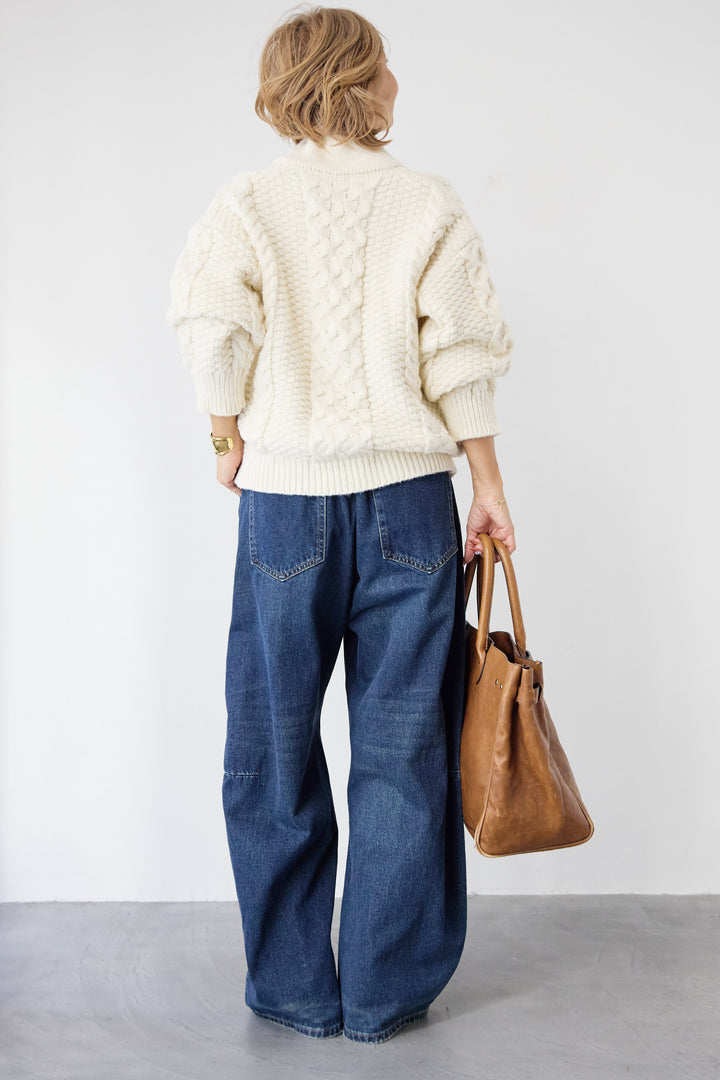 [SET]Vネックケーブルニット+カーブデニムパンツ(2set)