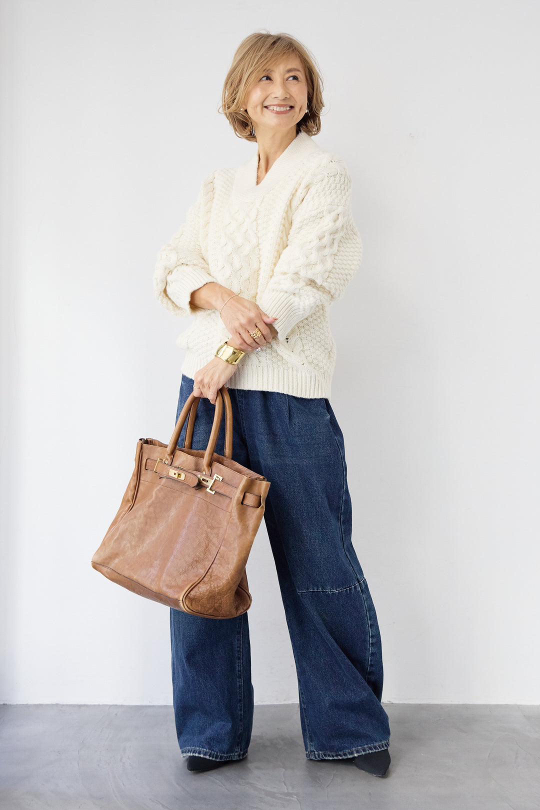 [SET]Vネックケーブルニット+カーブデニムパンツ(2set)