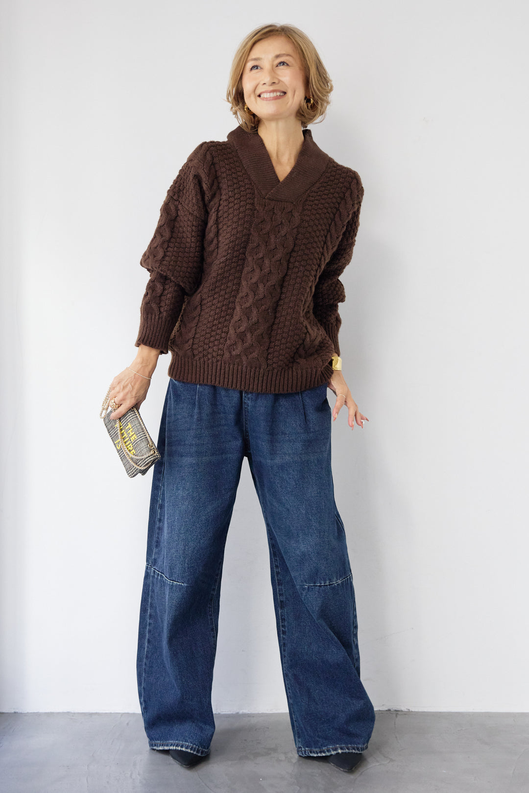 [SET]Vネックケーブルニット+カーブデニムパンツ(2set)