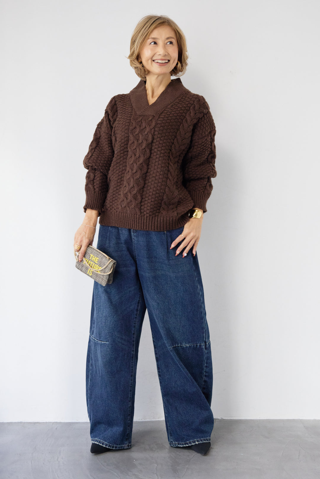 [SET]Vネックケーブルニット+カーブデニムパンツ(2set)