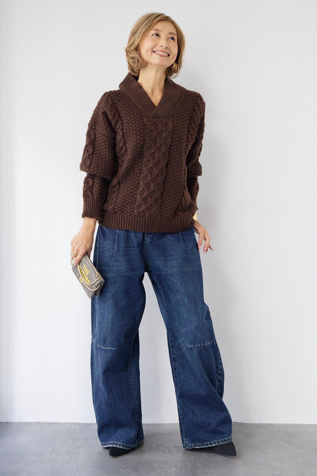 [SET]Vネックケーブルニット+カーブデニムパンツ(2set)