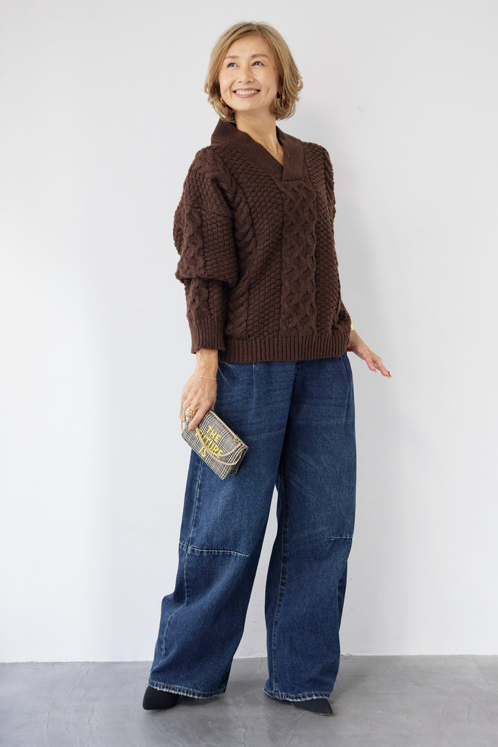 [SET]Vネックケーブルニット+カーブデニムパンツ(2set)