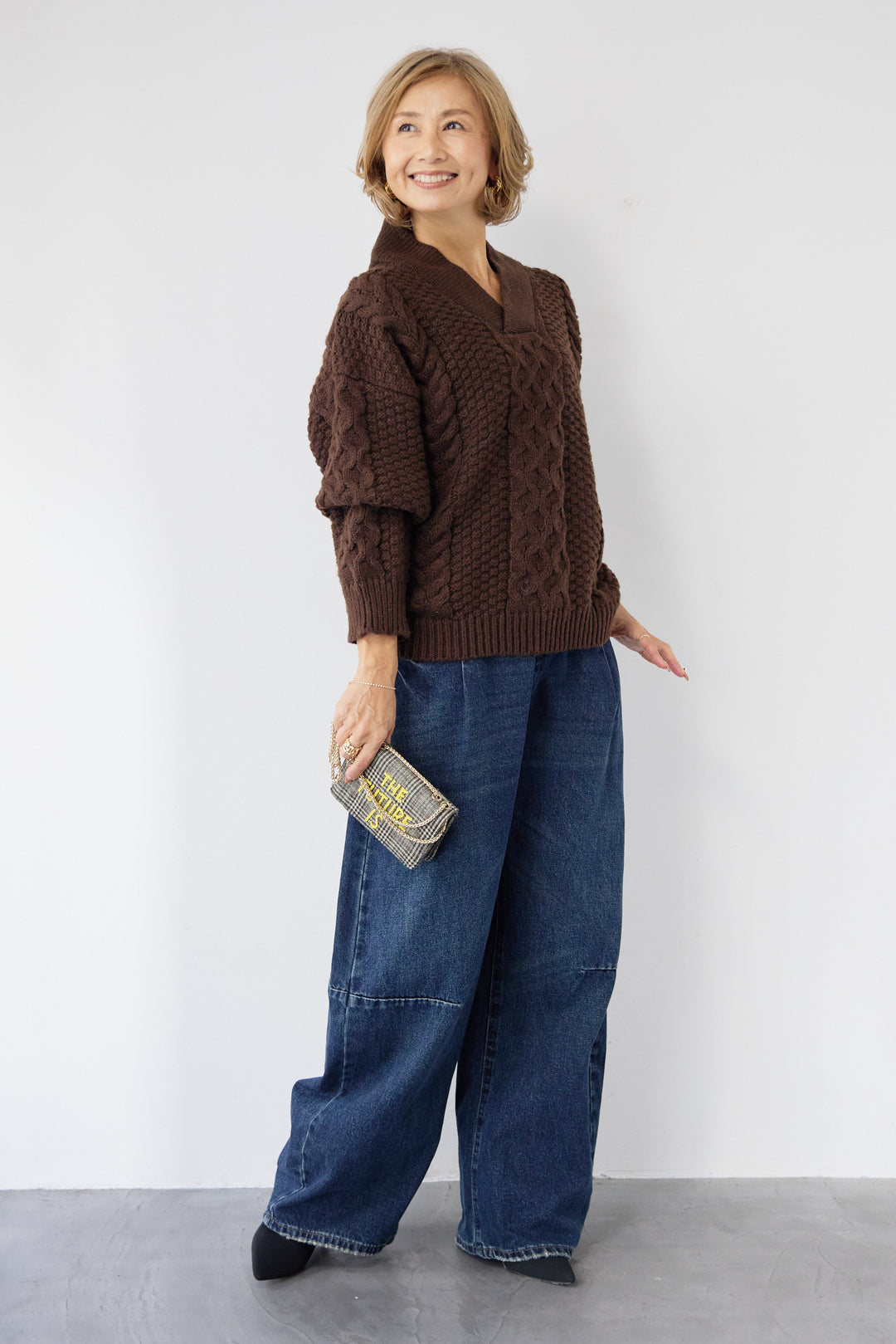 [SET]Vネックケーブルニット+カーブデニムパンツ(2set)