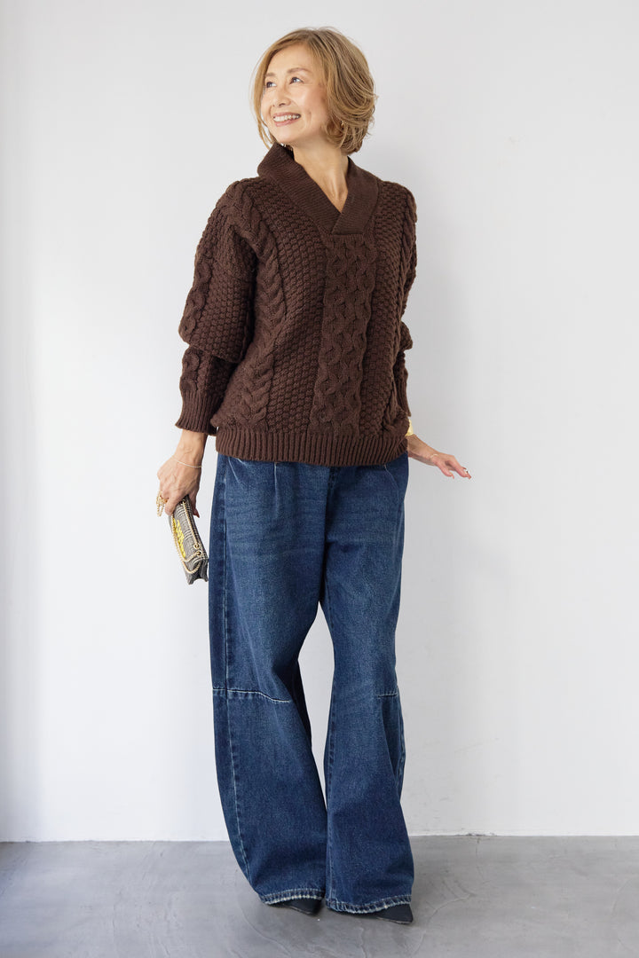 [SET]Vネックケーブルニット+カーブデニムパンツ(2set)