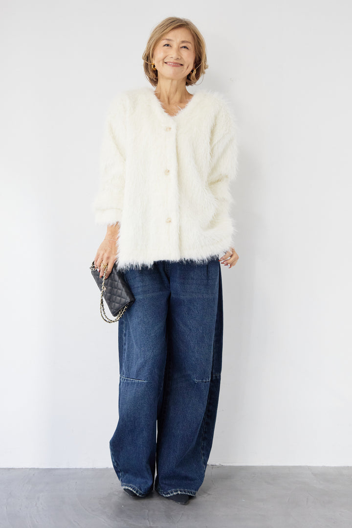 [SET]エアリーシャギーカーディガン+カーブデニムパンツ(2set)