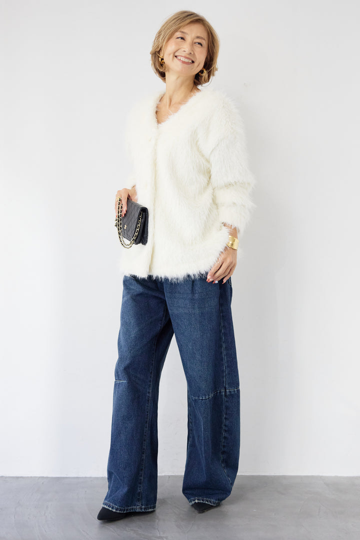 [SET]エアリーシャギーカーディガン+カーブデニムパンツ(2set)